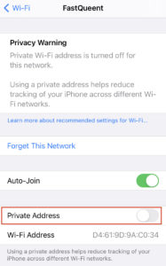 Choose to toggle on Privacy Address to get rid of a WiFi privacy warning. 